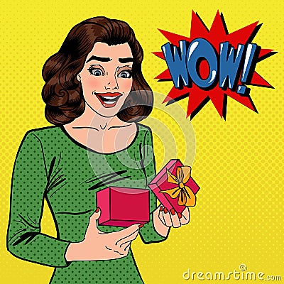 Woman with Gift. Excited Woman with Present. Pop Art Banner Vector Illustration