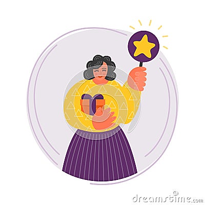 Woman with gift holding scorecard with star. Vector Illustration