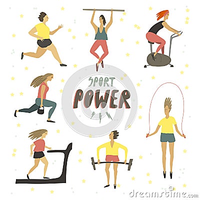 Woman girl doing sport exercises . Sport power hand drawn text . Healthy lifestyle . Freehand drawing vector Vector Illustration