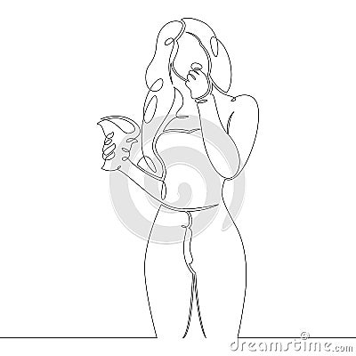 Woman girl eating chips food from the package Cartoon Illustration