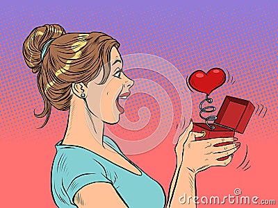 a woman girl looks at a red heart box valentine surprise greeting, love romance Vector Illustration