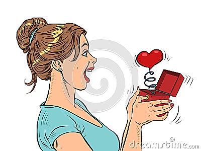 a woman girl looks at a red heart box valentine surprise greeting, love romance Vector Illustration