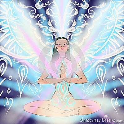 Woman girl meditates and illuminates the darkness the universe fills with her inner light Cartoon Illustration
