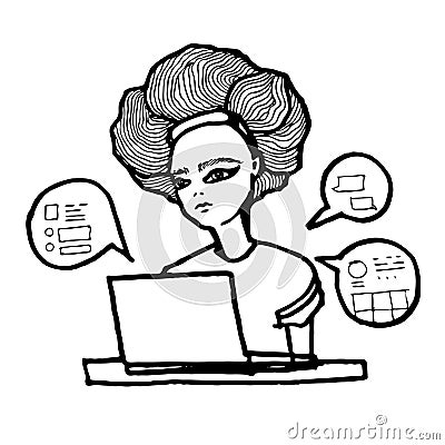 Woman or girl sitting with computer. Online education,working or shopping. Vector Illustration