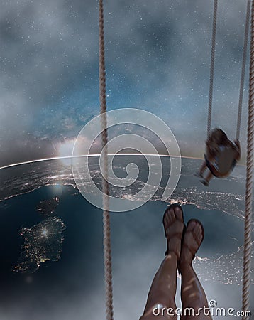 Woman and girl swinging on a surreal swing suspended in space, Italy areal view, Nasa image background Stock Photo