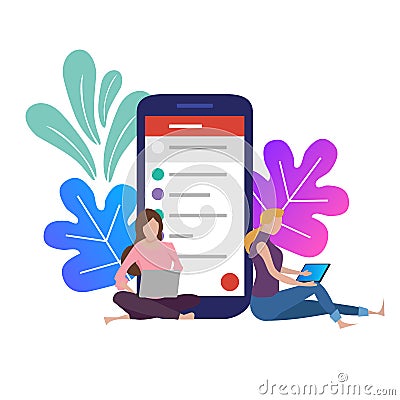 Woman girl working on laptop with big smart-phone behind opening email application. team work casual enjoy isolated Vector Illustration