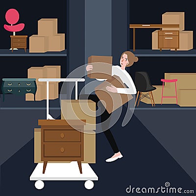 Woman girls buying furniture home interior carrying box of cardboard in shop Vector Illustration