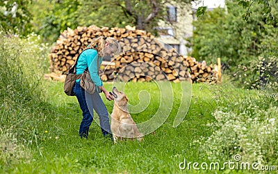 Woman give a smile to her Golden Retriever Dog Stock Photo