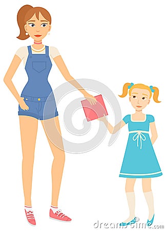 Woman Giving Book to Girl, Mother and Daughter Vector Illustration