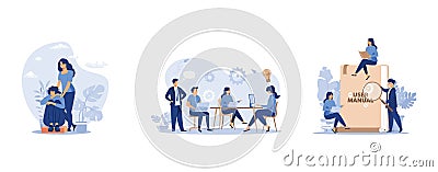 Woman giving comfort and support to friend, keeping palms on her shoulder, Company employees planning task and brainstorming, Tiny Vector Illustration