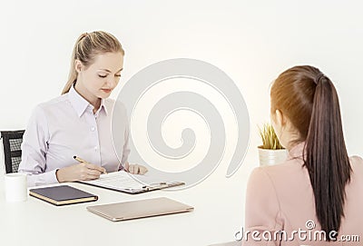 Giving resume to HR officer for job interview Stock Photo