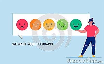 Woman giving review rating and feedback. Customer choice and employee feedback. Rank rating stars feedback. Business Vector Illustration