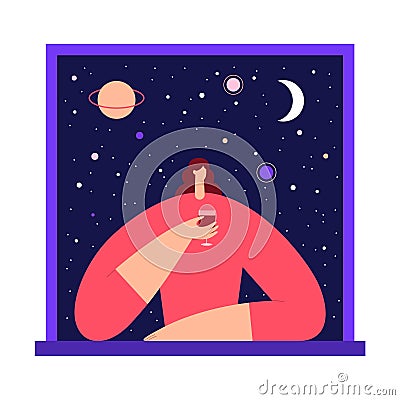 Woman with glass of wine in the window, enjoying the view of night starry sky and moon. Female modern character and space Cartoon Illustration