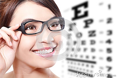 Woman with glasses and eye test chart Stock Photo