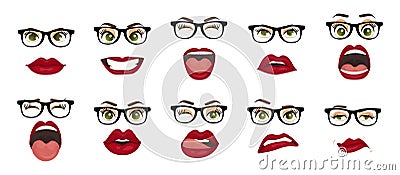 Comic emotions. Woman with glasses facial expressions, gestures, emotions happiness surprise disgust sadness rapture Vector Illustration