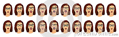 Woman with glasses facial expressions, gestures, emotions happiness surprise disgust sadness rapture disappointment fear Vector Illustration