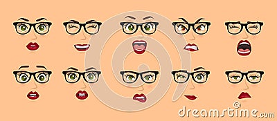 Woman with glasses facial expressions, gestures, emotions happiness surprise disgust sadness rapture disappointment fear Vector Illustration