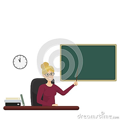 Woman with glasses sits at a table and points to a blackboard. Teacher with a pointer Vector Illustration