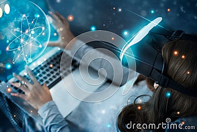 Woman with glasses of virtual reality planetarium. Stock Photo