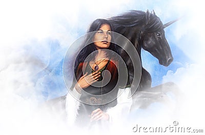 Woman goddess in historic dress and a black unicorn in the clouds, beautiful detailed oil painting on canvas. Stock Photo