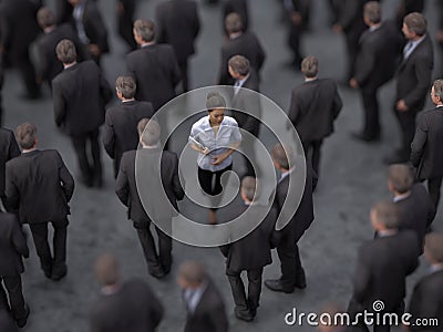 Woman goes against a crowd of men Stock Photo