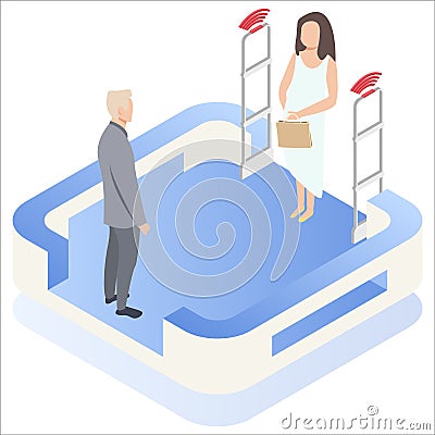 Woman goes through anti-theft sensor gates. System reports theft. Security system detect barcode and notify. Isometric Vector Illustration