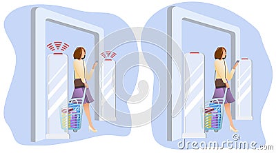 Woman goes through anti-theft sensor gates. System reports theft. Security system detect barcode and notify. Vector Vector Illustration