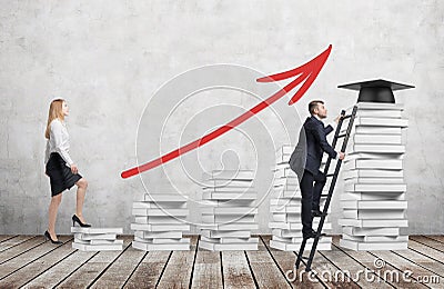 A woman is going up using a stairs which are made of white books to reach graduation hat while a man has found a shortcut to get e Stock Photo