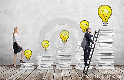 A woman is going up using a stairs which are made of white books to reach graduation Stock Photo