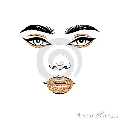 Woman Gold Glitter Makeup Illustration. Fashion Girl Face Portrait. Golden Lips and Eyeshadow Vector Illustration