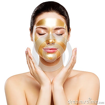 Woman Gold Mask, Beautiful Model with Golden Skin Cosmetic, Beauty Skincare and Treatment Stock Photo