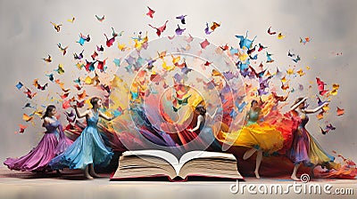 Woman in Gorgeous Dress Amid Vibrant Colors, Butterflies, and Books Stock Photo