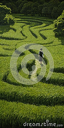 Endless Lawn: A Surrealistic Journey Through A Green Maze Stock Photo