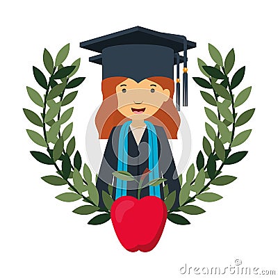Woman graduating with apple avatar character Vector Illustration