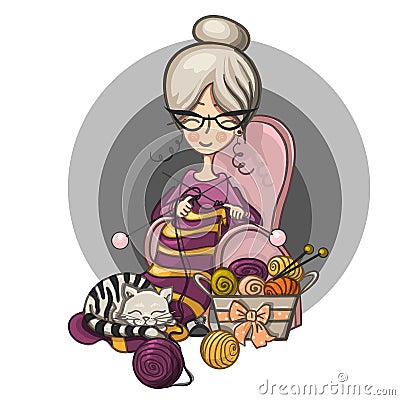 Woman Granny sits in a Chair and knits knitting needles striped, cat sleeps on her knitting around the scattered balls Vector Illustration