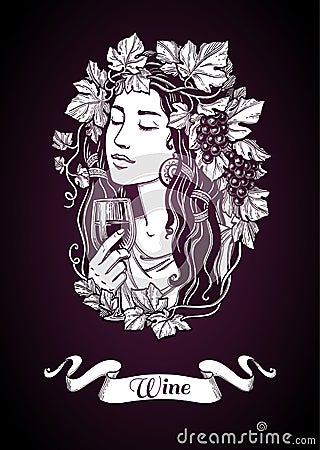 Woman with grapes and wine. Vector Illustration