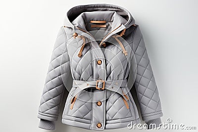 Woman Gray Quilted Jacket On White Background. Generative AI Stock Photo