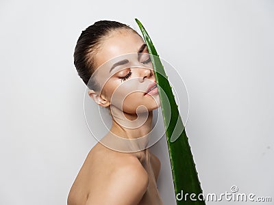 woman with green aloe leaf on light background cropped view naked shoulders Stock Photo