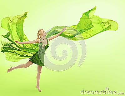 Woman in Green Dress, Blowing Cloth, Young Girl Silk Fabric Stock Photo