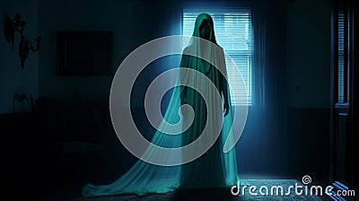 a woman in a green dress standing in a dark room Stock Photo