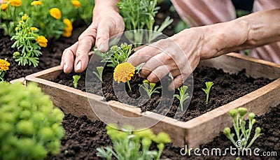 woman with green gloves planted in a bed of small marigold, gardening in a Stock Photo