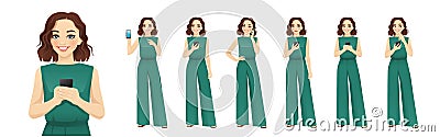 Woman in green jumpsuit set with phone Cartoon Illustration