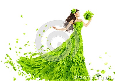 Woman Green Leaves Dress, Fantasy Creative Beauty Floral Gown Stock Photo