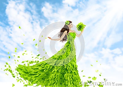 Woman Green Leaves Dress, Nature Fashion Beauty Girl in Leaf Gown Stock Photo