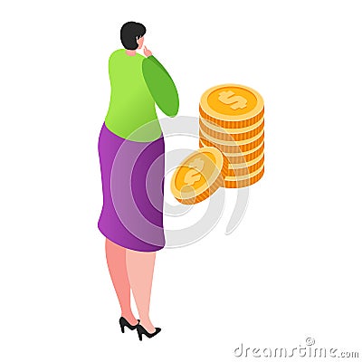 Woman in green top and purple skirt looking at stack of coins. Financial planning and savings concept vector Vector Illustration