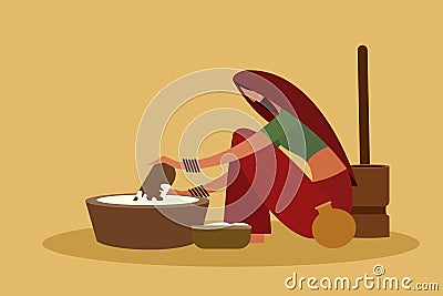 Woman grinding flour in the old traditional way Vector Illustration