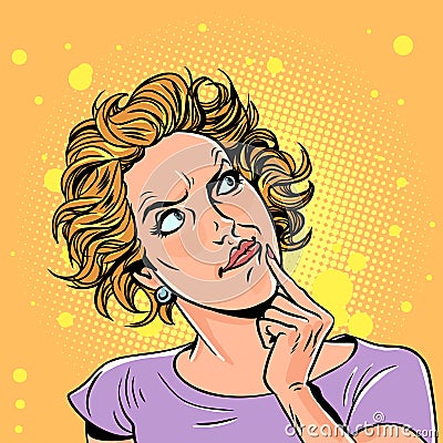 The woman grins and looks up. Thinking about a lucrative offer from the company. Tempting promotions for store customers Vector Illustration