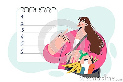 Woman with groceries in bag looks at blank numbered list symbolizing diet food shopping plan Vector Illustration