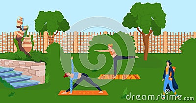 Woman in group do yoga at nature, person group in park outdoor vector illustration, female people character lifestyle Vector Illustration