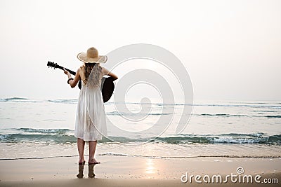 Woman Guitar Lady Rhythm Beach Holiday Girl Concept Stock Photo